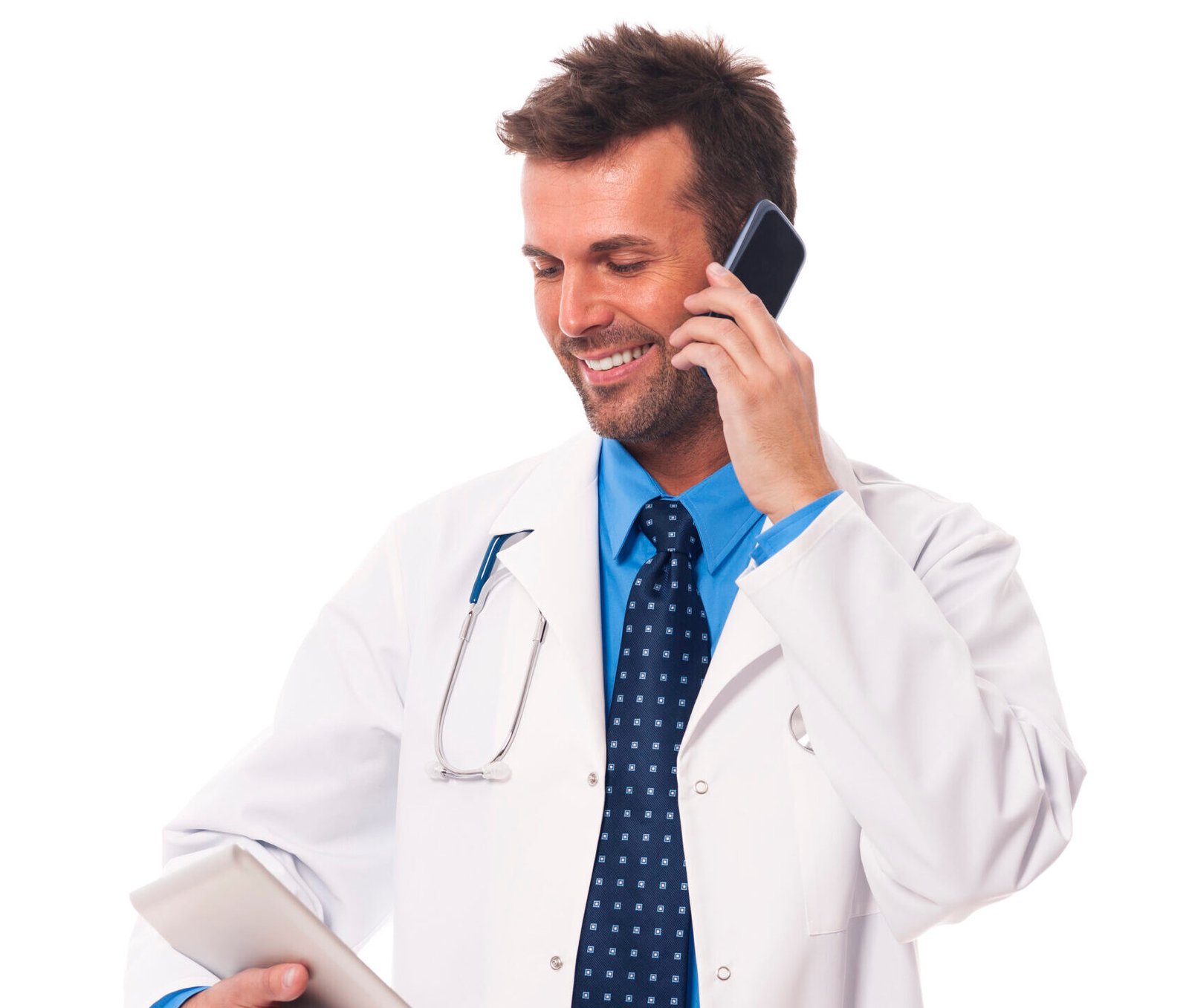 Doctor with mobile phone checking something on digital tablet
