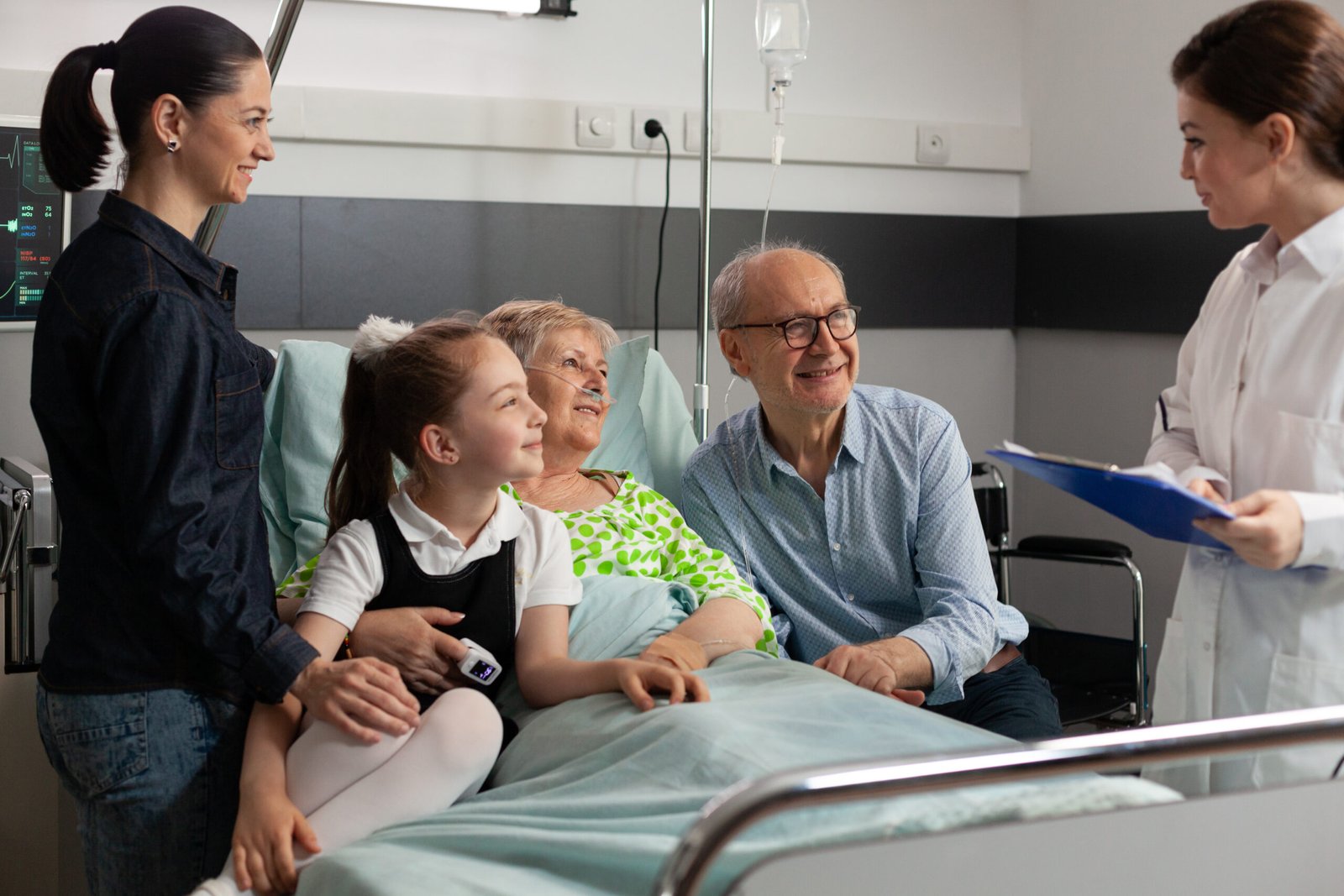 Physician doctor discussing sickness symptoms with retired elderly senior woman during clinical recovery, Caring cheerful family visiting sick retired patient in hospital ward supporting after surgery